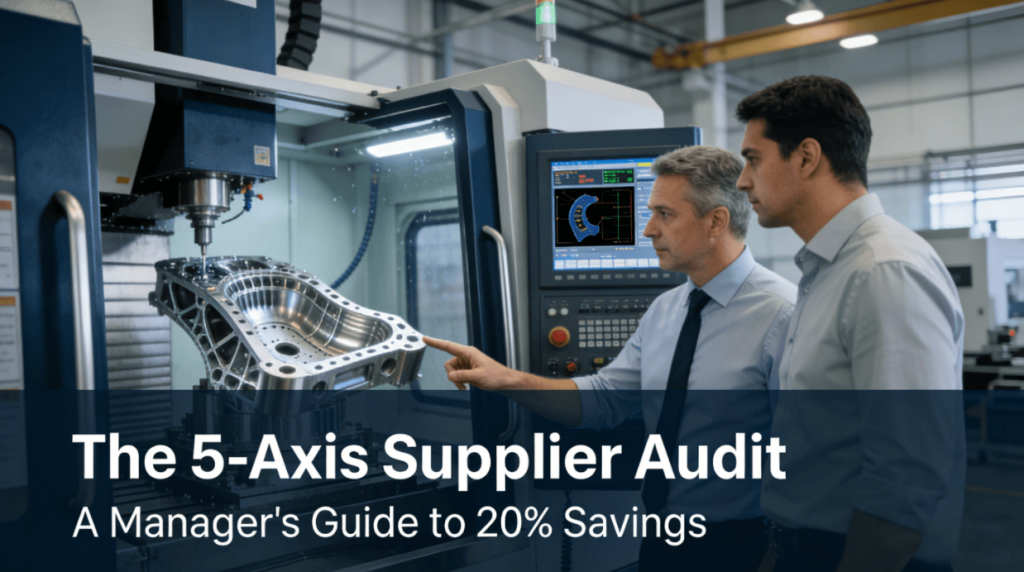 A project manager and a supplier's technical expert evaluate a complex part being machined on a 5-axis CNC center, discussing real-time data, representing the strategic audit process for supplier selection.