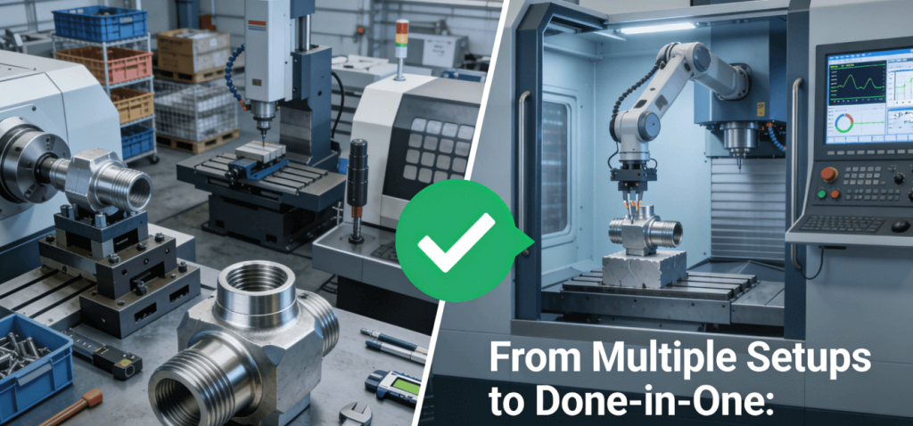Modern CNC turning and milling center completing a complex aerospace connector in one setup, compared to traditional multi-machine process, highlighting efficiency and precision for volume production.
